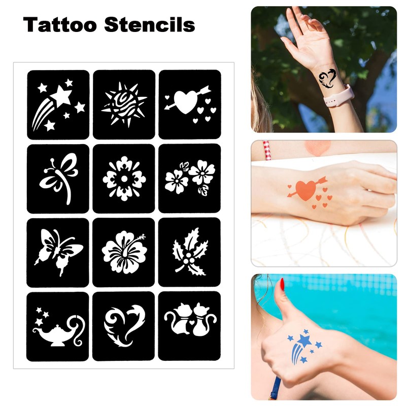 Qpout Tattoo Stencils for Children and Adults, 16 Sheets Henna