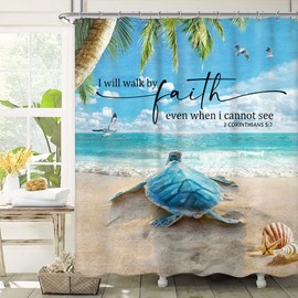 Newsely Beach Turtle Bible Verse Shower Curtain 60Wx72H Inch Rustic Blue Ocean Sea Turtle Animal Summer Coastal Scenery Bathroom Set Summer Scene Waterproof Bath Decoration Accessories Home Decor