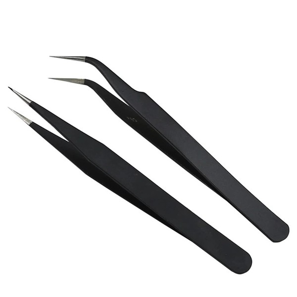 2 Pieces Black ESD Anti-Static Tweezers Set, Precision Stainless Steel