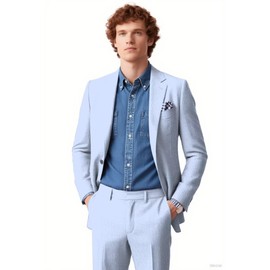 JOYLYJOME Mens Seersucker Suits Regular Fit 2 Piece Solid Pin Stripe Suits for Men Summer Beach Wedding Outfits Formal Casual Grooms Light Blue S