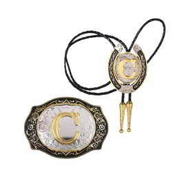 HUABOLA CALYN 2 Pieces Belt Buckle Bolo tie Set Golden Initial Letter ABCDMJR to Y Western Cowboy Costume Accessory for Men Women (C)