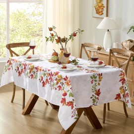Newbridge Thanksgiving Autumnal Green and Red Flourishing Leaves Rectangle Fabric Tablecloth, 60 x 102 Inch, Light Cream Damask Table Cover for Holiday Party Banquet and Dining