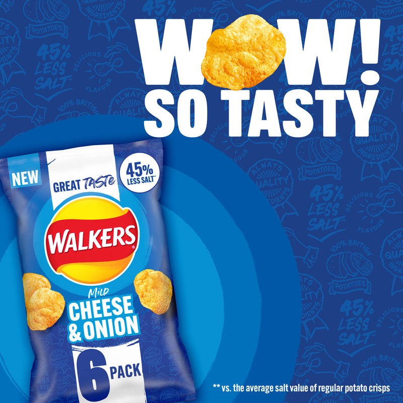 Walkers Less Salt Mild Cheese & Onion 6pk