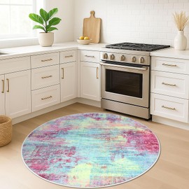 IOHOUZE Round Area Rug 5 Ft Circle Entryway Rugs Round Washable Door Mat Indoor Entrance, Non Slip Circle Front Door Rug, Printed Abstract Faux Wool Floor Carpet for Foyer Porch Sink, Pink Teal