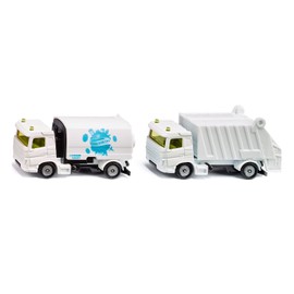 siku 1687, Municipal Set of Toy Trucks incl. Street Sweeper and Rubbish Truck, Faun Umwelttechnik, Metal,Plastic, White,Blue, Tiltable body and collection container
