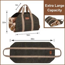 STBoo Firewood Carrier Waxed Canvas: Log Carrier for Firewood Heavy Duty | Fire Wood Carrier Tote Bag | Fireplace Log Holders for Firepit Outdoor Camping, Indoor, Wood Stove Accessories Gift, Geen