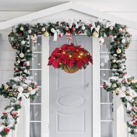 Christmas Outdoor Hanging Flower Pot Pre-lit Christmas Hanging Basket Artificial Berry Pine Cones Christmas Decorations for Xmas Outdoor Yard Decor