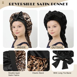Kids Long Hair Bonnet for Sleeping - Double Layer Girls Elastic Satin Bonnet with Tie Band for Braid Curly Hair (Leopard+Black)