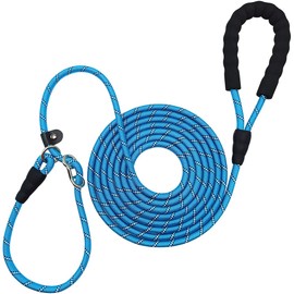 Boswany 12FT / 20FT Anti-Choke Long Training Lead, 3/8" Thick Slip Lead Rope Leash with Comfortable Handle, Reflective Nylon No Pull Leash for Medium Large Dogs, Blue-12ft