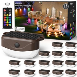 Hicotet Solar Fence Lights with Remote Control,15 Multi Colors Solar Powered Outdoor Step Lighting,IP67 Waterproof Led RGBYW Colors Lamp for Outside Fence/Deck/Backyard/Stair Railing/Wall/Patio/Pool