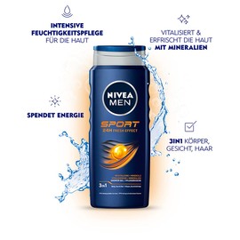 NIVEA MEN Sports Shower Gel (500 ml), pH Skin-Friendly Shower Gel with Revitalising Fragrance, Men's Shower Gel with Minerals for Body, Face and Hair