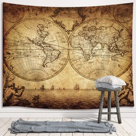 JAWO Old World Map Tapestry, Vintage Wanderlust Pirate Map Tapestry Wall Hanging For Bedroom, Historical Atlas Tapestries Poster Beach Blanket College Dorm Home Decor (60W X 40H)