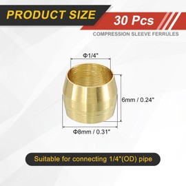 sourcing map 30Pcs Fit for 1/4" Tube OD Brass Compression Sleeve Ferrules Brass Compression Tube Fitting for Water Oil Air Pipe