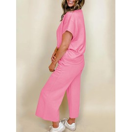 Fazortev Womens 2 Piece Outfits Sweatsuit Short Sleeve Tops and Drawstring Waist Cropped Wide Leg Pants Loungewear Sets Pink