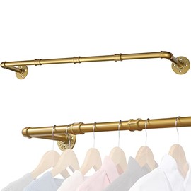 Industrial Pipe Gold Clothing Rack, 37 Inch Wall Mounted Golden Clothes Rack, Industrial Pipe Clothes Hanger Rack, Iron Golden Pipe Clothes Hanging Bar, Heavy Duty Metal Rod for Retail Display Laundry Closet Storage