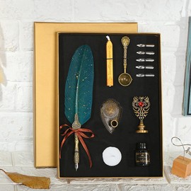 Domary Juego de pluma y tinta vintage, pluma estilográfica brillante, pluma de inmersión de caligrafía, pluma de firma con puntas de repuesto, soporte para bolígrafo, de cumpleaños de lujo para