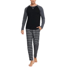Litherday Men's Pyjamas Sets Long Sleeve Cotton Plaid Nightwear Classic Sleepwear Soft Lounge Wear Top Pjs Set with Pockets(Black,XL)
