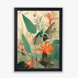 Spiffing Prints Jungle Bloom I – Tropical Bird and Botanical Flower Print in Soft Colours - Medium - Unframed