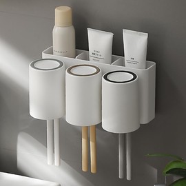 FLAUVEL Wall-Mounted Toothbrush and Toothpaste Holder - Self-Draining Design, Easy Installation, Space-Saving, White (Triple - Three Normal Cups)