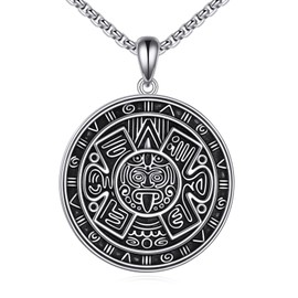 VENACOLY Aztec Calendar Necklace 925 Sterling Silver Round Aztec Maya Calendar Pendant Round Aztec Jewellery with 22 + 2 Inch Stainless Steel Chain, Gifts for Men Women Father, Sterling Silver, No