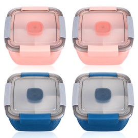 Lemecima Salad Lunch Container To Go, 4 Packs 50-oz Salad Bowls with 3 Compartments, Salad Dressings Container for Salad Toppings, Snacks, Men, Women (Pink+Blue)