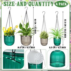 Maxcheck 4 Pcs Self Watering Hanging Planters Indoor Gift 6.5'' 4.5'' Hanging Flower Pots Baskets Outdoor Self Watering Plant with 3hooks Drainage Holes for Home(Emerald,Grey)