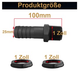 Pack of 2 Water Butt Feed-Through 1 Inch Male Thread with Hose Nozzle 25 mm (1 Inch) Hose Connection, Tank Fitting with Nozzle and Seal for Water Butt, Water Tanks, Cisterns