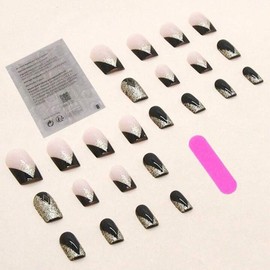 Get Glamorous With 24pcs Short Square Black Glitter Fake Nail & 1sheet Tape & 1pc Nail File Kit Nail Art Nail Care Set