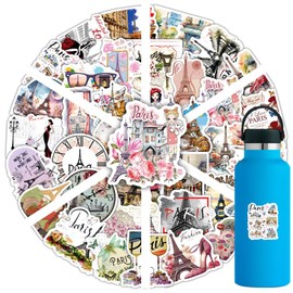 Paris Stickers 54 Pcs Vinyl Trendy Eiffel Tower Sticker for Water Bottle Laptop Skateboard Scrapbook Motorcycle Bicycle Luggage Car Computer Bumper,Waterproof Funny French Decals for Adults Teens