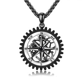HUKKUN Compass Necklace for Men 925 Sterling Silver Black Compass Pendant for Men Compass Jewelry Gifts for Father Husband Boyfriend