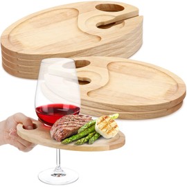 SiliFine 6 Pcs Wine Appetizer Plates with Wine Glass Holder Mini Charcuterie Board Glass Plates Set Picnic Tray for Party, Gatherings, Entertaining, 9 x 6(Rubber Wood)