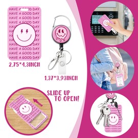 Pink Smile ID Badge Holder with Breakaway Lanyard Badge Reel Preppy Aesthetic Name Tag Card Case Strap Retractable Reel Clip Back to School Supplies for Girl Student Teacher Nurse Doctor Office Worker