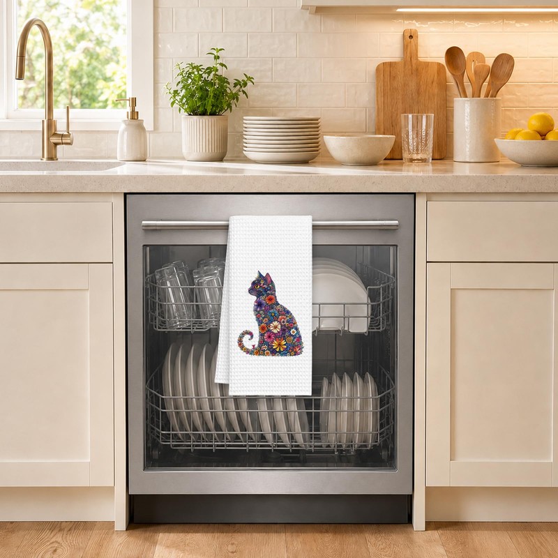 Floral Cat Kitchen Towel, Colorful Kitten Hand Towel for Cat