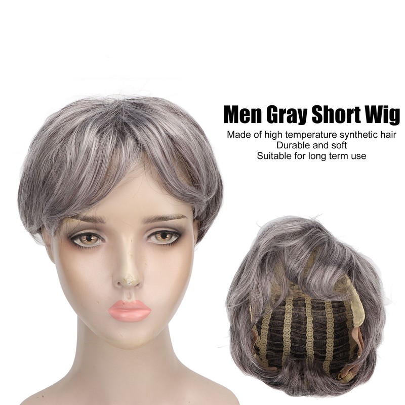 Men Gray Short Wig Heat Resistant Synthetic Multipurpose Adjustable Layered