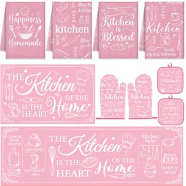 Culudea Pink Kitchen Accessories Set 10 Piece - Cute Baking Theme Kitchen Towels, Rugs, Oven Mitts and Pot Holders - Happiness is Homemade Retro Decor Gift for Baker, Mom, Women