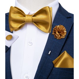 DiBanGu Self Tied Bow Tie for Men Gold Bowtie for Tuxedo Bussiness Satin Bow tie Lapel Pin Pocket Square Cufflinks Set