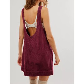 Hooever Women's Corduroy Overall Dress Round Neck A Line Skirtall Jumper Mini Dress Pinafore with Pockets(WineRed-M)