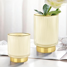 DASITON Makeup Brush holder Organizer,Crystal Cosmetic Makeup Brush Glass Brushes Storage Holder, Vintage Make Up Brush Cup Pen Pencil Holder striped vase(Cream S+L)