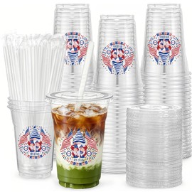 100 Pcs 250th Anniversary 4th of July Cups with Lids and Straws, 12 OZ Patriotic Disposable Cups for Fourth of July Decorations, Disposable Plastic Cup Snowman Design, Independence Day Memorial Day