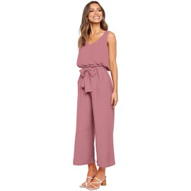 FANCYINN Womens 2 Piece Crop Pants Set V Neck Tank Wide Strap Tops High Waisted Cropped Paper Bag Pants with Belt Dark Cherry Pink Top & Wide Leg Pants XL