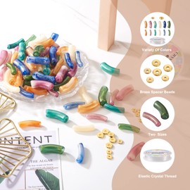 160Pcs Acrylic Bead Acrylic Curved Tube Bead Chunky Tube Noodle Bead Tube Bracelets Beads & Disc Rhinestone Spacer Bead Elastic Crystal Thread for DIY Friendship Bracelet Jewelry Making