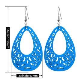 TIANBANGSHI Bohemian Wooden Earrings for Women Lightweight Vintage Hollow Teardrop Natural Wood Geometric Dangle Drop Earrings Jewelry (blue)