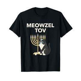 Meowzel Tov Shirt Black Cat Mazel Tov Menorah Funny Hanukkah T-Shirt