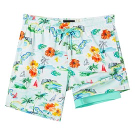 SURF CUZ Mens Swim Trunks with Compression Liner Quick Dry Swim Shorts 7" Swimming Trunks Stretch Bathing Suit Zipper Pockets,Tropical Breezers,M