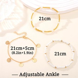 Obmyec Beaded Ankle Bracelet Set for Women Gold Boho Sequin Adjustable Foot Chain Beach Ankle Chains Pearl Foot Jewelry Accessories, One Size, alloy, no gemstone