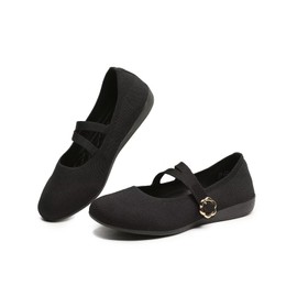 ZUXYAFU Women's Flats Mary Jane Ballet Flats Comfortable Knit Casual Ballerina Walking Dressy Office Slip-on Shoes with Adjustable Straps, 047 All Black 7.5 US
