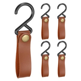 sourcing map 5pcs PU Leather Hooks, Leather Straps with Hooks, S-Shape Hooks for Outdoor Camping Hanging Pots Pans Utensils Dark Brown