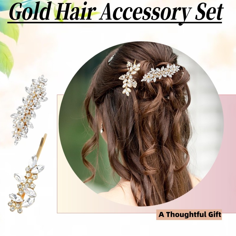 4 Pcs Rhinestone Gold Pearl Leaf Wedding Hair Clips Suitable
