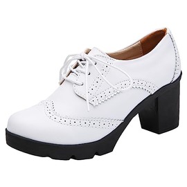 Jamron Women's Block Heel Lace-Up Brogues Derby Shoes Pumps Evening Shoes, White