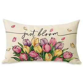 Fahrendom Spring Summer Tulip Flower Lumbar Decorative Rectangle Pillow Cover 12 x 20, Just Bloom Floral Porch Patio Outdoor Pillowcase, Petal Butterfly Seasonal Sofa Couch Cushion Case Home Decor
